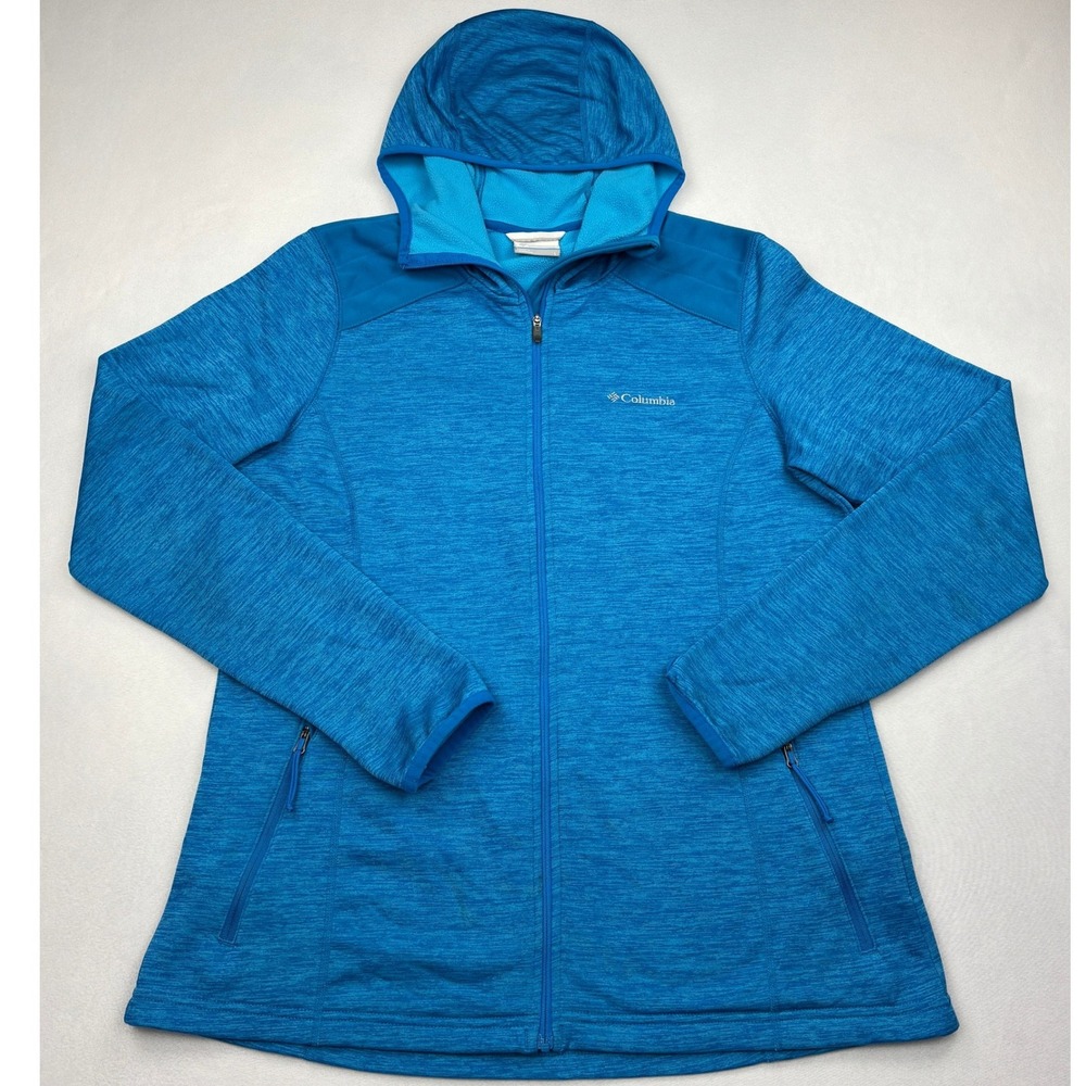 Columbia Jacket Womens Large Blue Heather Scuba Hood Full Zip Fleece Thumbholes